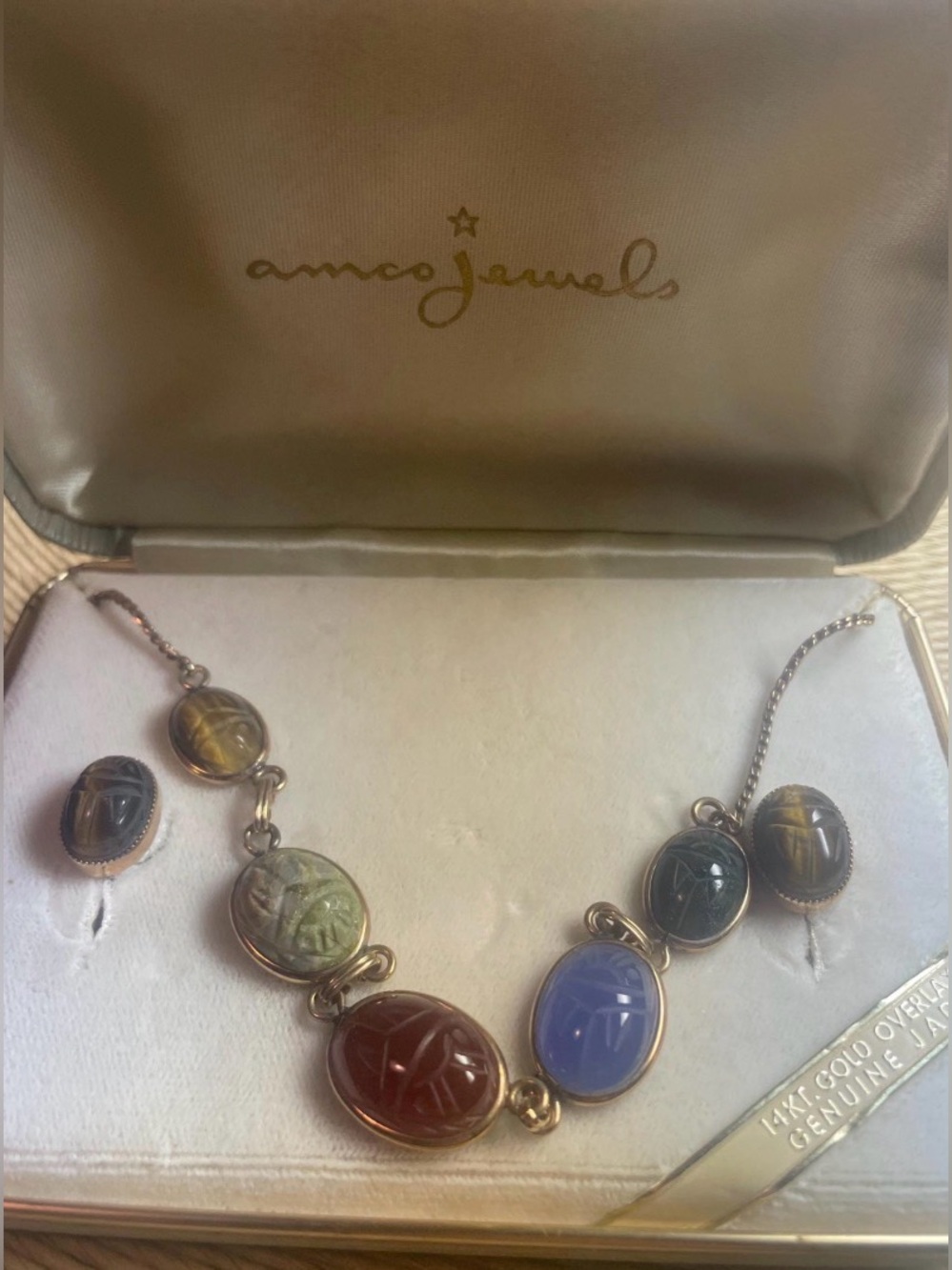 Vintage Amco 14K Gold Overlay Jade Scarab Set